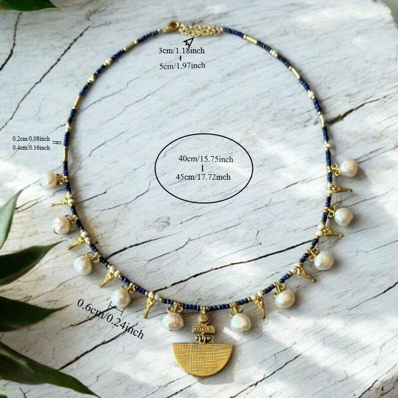 Blue Handmade Natural Lapis Lazuli & Freshwater Freshwater Pearls Necklace for Women - Elegant Golden-Tone Pendant with Blue Gemstones, Everyday & Party Jewelry Gift for Mom, Freshwater Pearls And Chain Necklace, Classic Design, Goldtoned Alloy