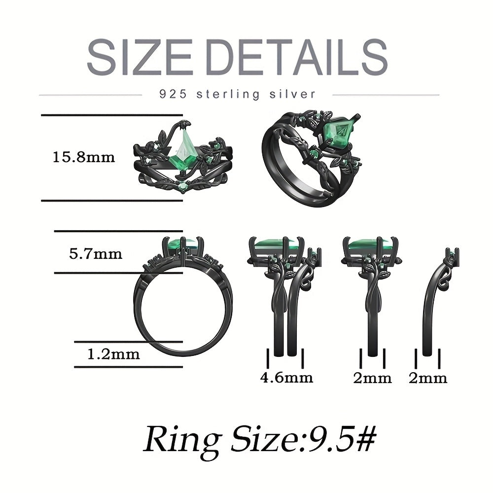 925 Sterling Silvery 1.5CT Round Cut Natural Moss Agate Engagement Ring Set Black Golden Plated Inspired Leaf Wedding Ring Set for Women Size 5-9.5