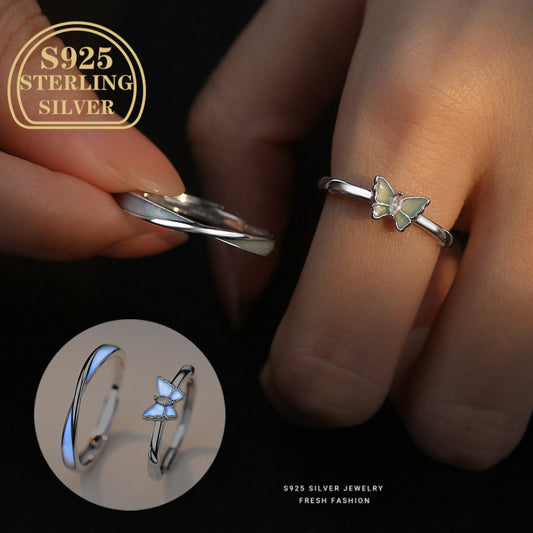 S925 Sterling Silvery Glow-in-the-Dark Butterfly Couple Rings - Unique Bohemian Style, Versatile Fluorescent Resin Design, Perfect for Daily Wear or Gift Giving