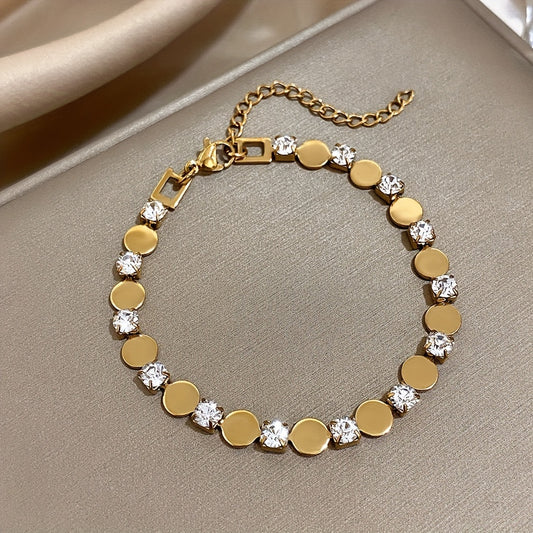 Stainless Steel Cubic Bracelet - Minimalist Chain Link Jewelry with Round Inlay, Durable Base Metal Wristwatch for Daily Wear & Parties, Elegant Christmas Gift & Year-Round Accessory