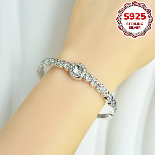 1pc S925 Sterling Silver Hypoallergenic Women'S Vintage Simple Heart-shaped Bracelet | Inlaid with Full Synthetic Zirconia Fashionable Jewelry | Suitable for Daily Wear, Dates, Anniversaries | Perfect Birthday Gift, Valentine'S Day Gift for Her