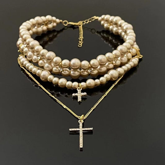 Multi-layered Pearl Cross Pendant Light Luxury Sweater Chain Personalized Fashion Necklace