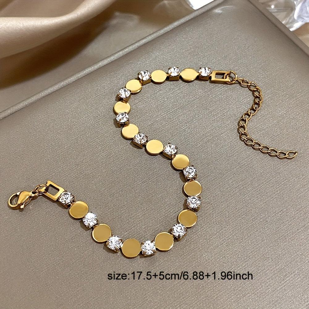 Stainless Steel Cubic Bracelet - Minimalist Chain Link Jewelry with Round Inlay, Durable Base Metal Wristwatch for Daily Wear & Parties, Elegant Christmas Gift & Year-Round Accessory