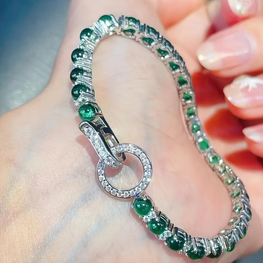 1pc Elegant 925 Sterling Silvery Bracelet with Fashion TO Ring Clasp, Non-Tarnish, Faux Gemstone Embellished, Suitable for Adults 15+, Green Faux Gemstone Accents