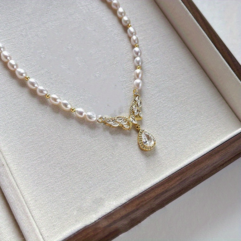 Elegant Mixed Color Freshwater Pearl Pendant Necklace with Synthetic Cubic Zirconia Accents, No Plating - Chic Fashionable Drop Chain for Women, Ideal Gift for Mother or Best Friend