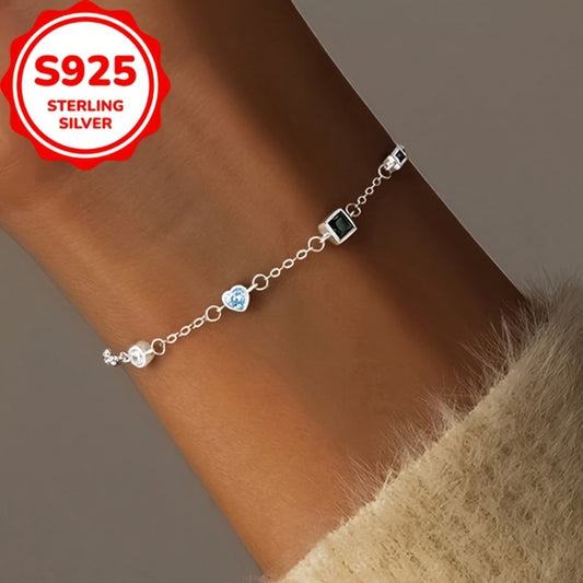S925 Sterling Silver Mini Heart-Shaped Bracelet, Multifunctional Square And Teardrop Design, Women'S Exquisite Handmade Jewelry Gift, Suitable for Holiday Giving And Wearing on Vacation, Vacation Accessory, Gift for Her, Elegant Design