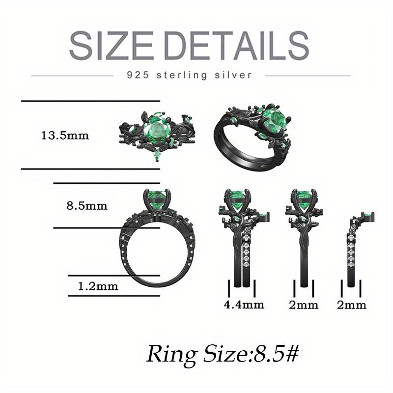 925 Sterling Silvery 1.5CT Round Cut Natural Moss Agate Engagement Ring Set Black Golden Plated Inspired Leaf Wedding Ring Set for Women Size 5-9.5