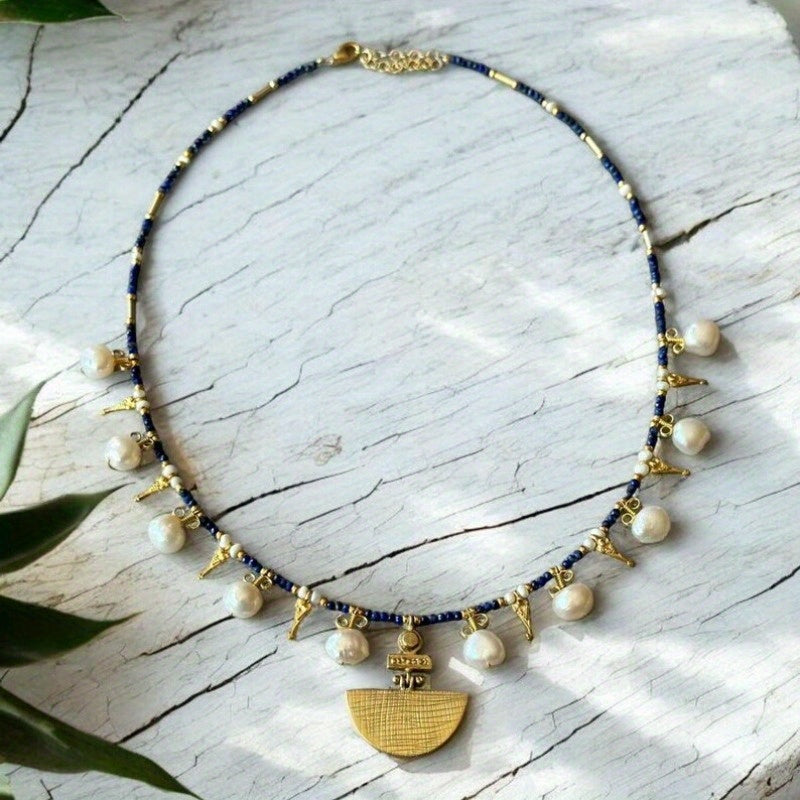 Blue Handmade Natural Lapis Lazuli & Freshwater Freshwater Pearls Necklace for Women - Elegant Golden-Tone Pendant with Blue Gemstones, Everyday & Party Jewelry Gift for Mom, Freshwater Pearls And Chain Necklace, Classic Design, Goldtoned Alloy