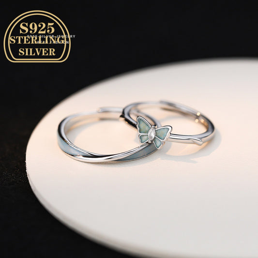 S925 Sterling Silvery Glow-in-the-Dark Butterfly Couple Rings - Unique Bohemian Style, Versatile Fluorescent Resin Design, Perfect for Daily Wear or Gift Giving