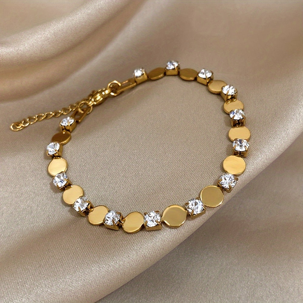 Stainless Steel Cubic Bracelet - Minimalist Chain Link Jewelry with Round Inlay, Durable Base Metal Wristwatch for Daily Wear & Parties, Elegant Christmas Gift & Year-Round Accessory