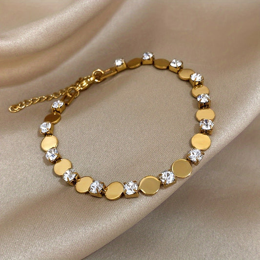 Stainless Steel Cubic Bracelet - Minimalist Chain Link Jewelry with Round Inlay, Durable Base Metal Wristwatch for Daily Wear & Parties, Elegant Christmas Gift & Year-Round Accessory