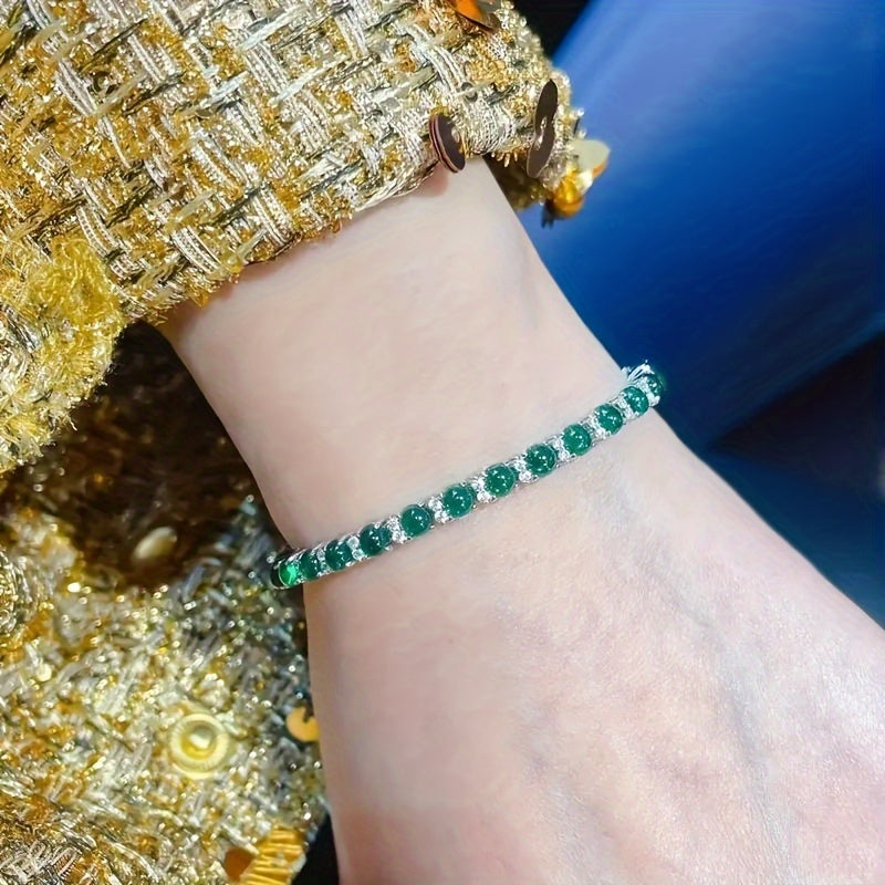 1pc Elegant 925 Sterling Silvery Bracelet with Fashion TO Ring Clasp, Non-Tarnish, Faux Gemstone Embellished, Suitable for Adults 15+, Green Faux Gemstone Accents
