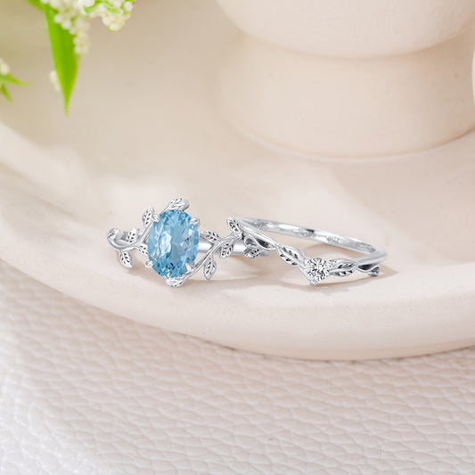 Natural Aquamarine Engagement Rings Set for Women 925 Sterling Silver Oval Shaped Aquamarine Leaf Ring Unique Bridal Wedding Rings