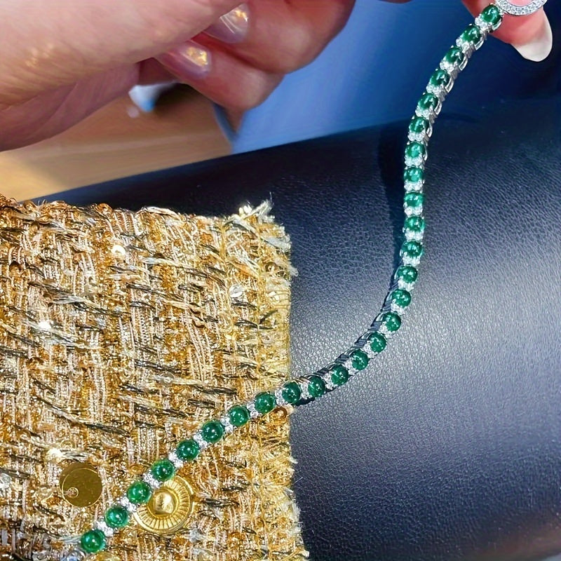 1pc Elegant 925 Sterling Silvery Bracelet with Fashion TO Ring Clasp, Non-Tarnish, Faux Gemstone Embellished, Suitable for Adults 15+, Green Faux Gemstone Accents