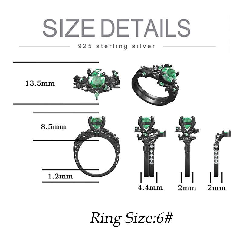 925 Sterling Silvery 1.5CT Round Cut Natural Moss Agate Engagement Ring Set Black Golden Plated Inspired Leaf Wedding Ring Set for Women Size 5-9.5