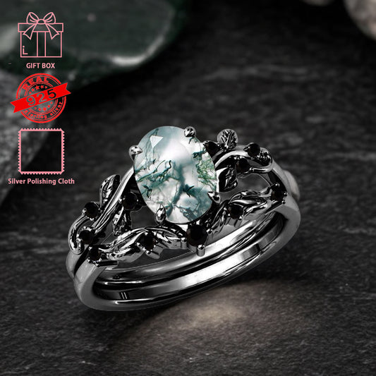 925 Sterling Silvery 1.5 Carat Black Golden Plated Natural Moss Agate Ring Set Engagement Ring Vintage Cluster Oval Shape Leaf Wedding Ring Set for Women Anniversary Ring Size 5-12