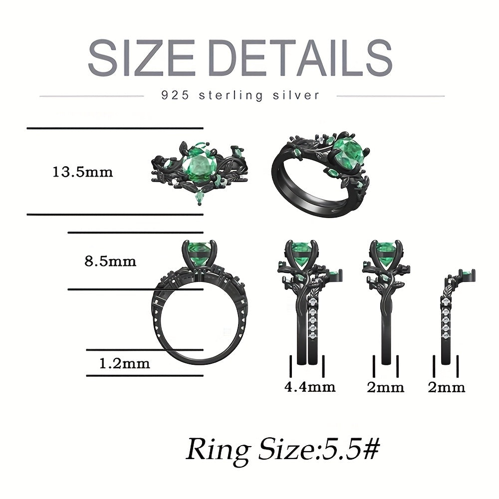 925 Sterling Silvery 1.5CT Round Cut Natural Moss Agate Engagement Ring Set Black Golden Plated Inspired Leaf Wedding Ring Set for Women Size 5-9.5