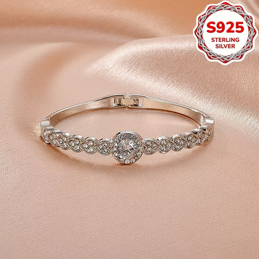 1pc S925 Sterling Silver Hypoallergenic Women'S Vintage Simple Heart-shaped Bracelet | Inlaid with Full Synthetic Zirconia Fashionable Jewelry | Suitable for Daily Wear, Dates, Anniversaries | Perfect Birthday Gift, Valentine'S Day Gift for Her