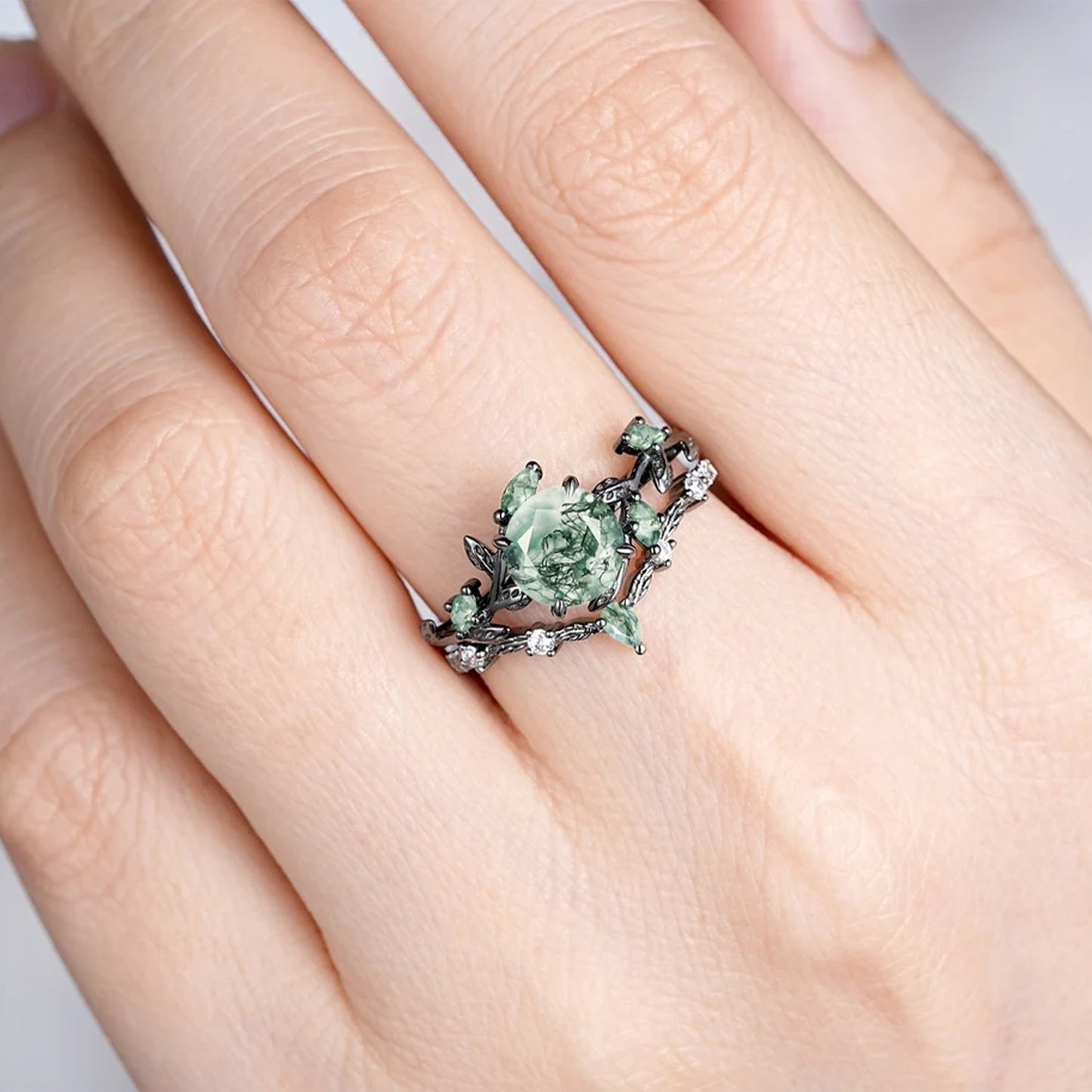 925 Sterling Silvery 1.5CT Round Cut Natural Moss Agate Engagement Ring Set Black Golden Plated Inspired Leaf Wedding Ring Set for Women Size 5-9.5