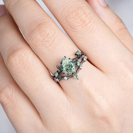 925 Sterling Silvery 1.5CT Round Cut Natural Moss Agate Engagement Ring Set Black Golden Plated Inspired Leaf Wedding Ring Set for Women Size 5-9.5