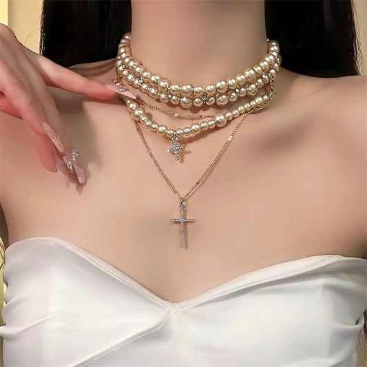 Multi-layered Pearl Cross Pendant Light Luxury Sweater Chain Personalized Fashion Necklace