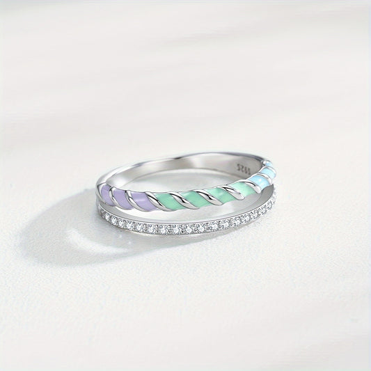 2.00g 925 Sterling Silver Sparkling CZ Double-Layer Enamel Ring - Stylish Ladies' Banquet Party Accessory
