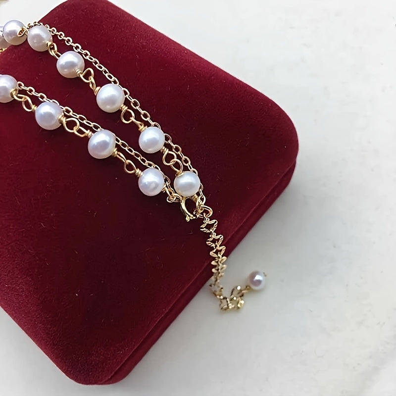 French-Inspired Double Layer Freshwater Pearl Collar Necklace, Fashion Theme, Suitable for Ages 15+, 14K Plated, Elegant No Mosaic Pendant Design