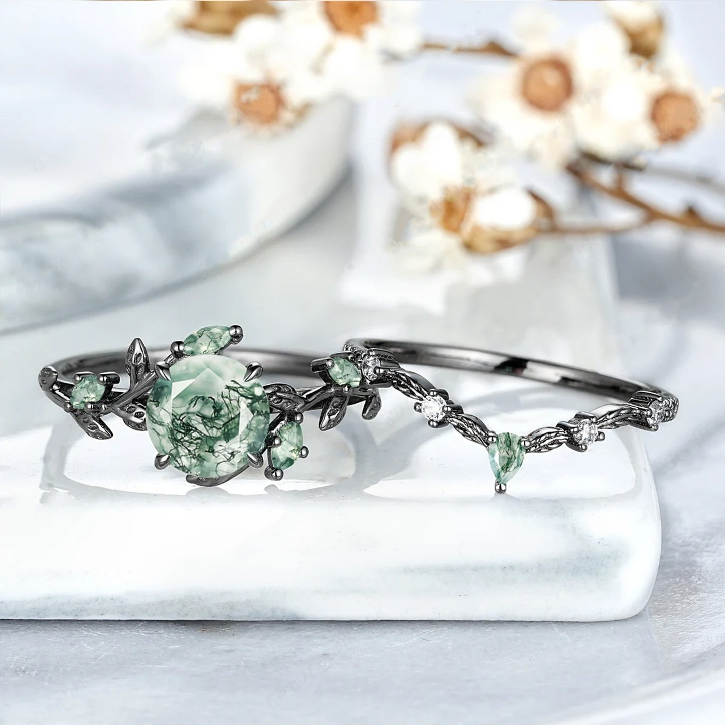 925 Sterling Silvery 1.5CT Round Cut Natural Moss Agate Engagement Ring Set Black Golden Plated Inspired Leaf Wedding Ring Set for Women Size 5-9.5
