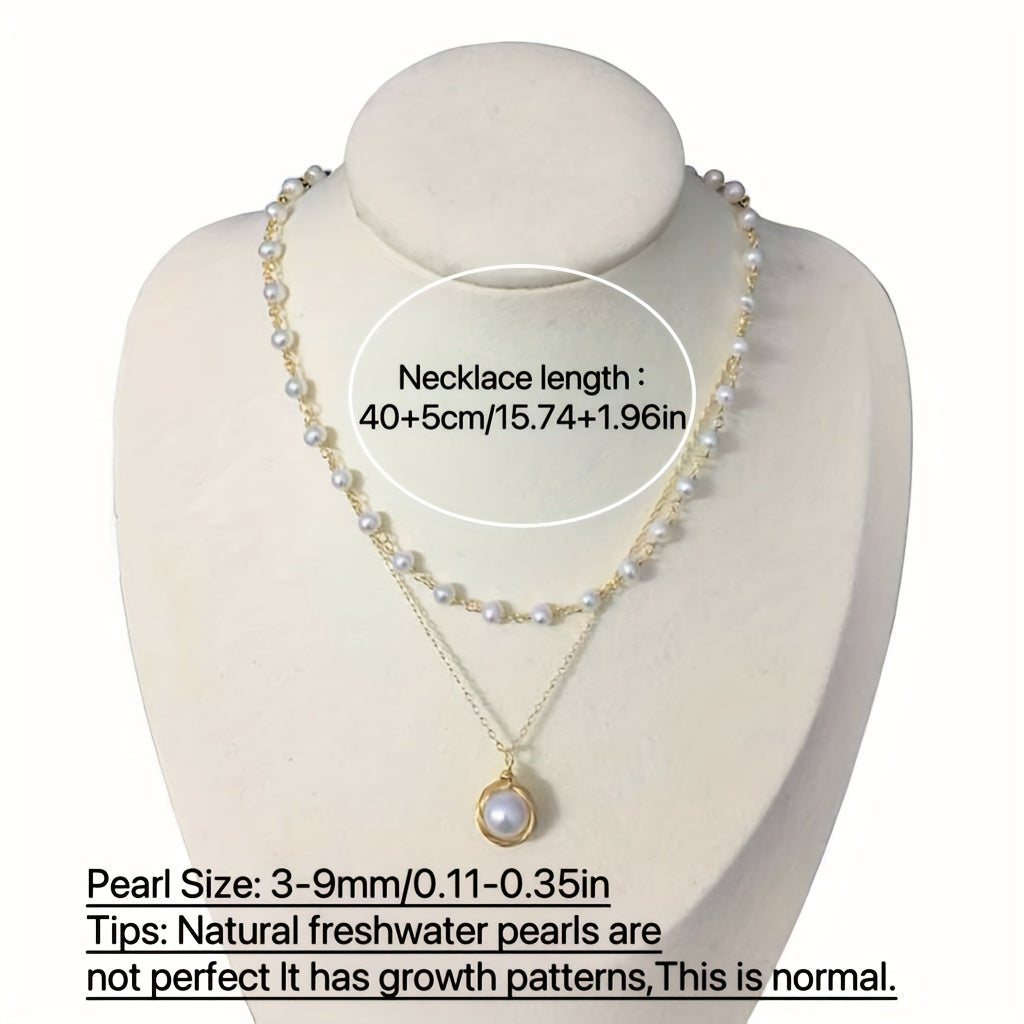French-Inspired Double Layer Freshwater Pearl Collar Necklace, Fashion Theme, Suitable for Ages 15+, 14K Plated, Elegant No Mosaic Pendant Design