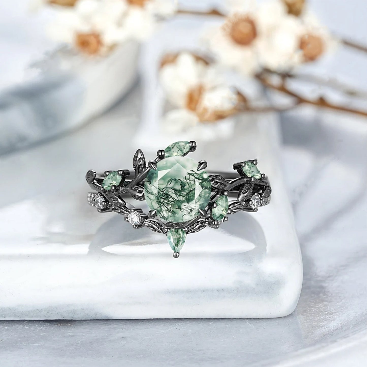 925 Sterling Silvery 1.5CT Round Cut Natural Moss Agate Engagement Ring Set Black Golden Plated Inspired Leaf Wedding Ring Set for Women Size 5-9.5