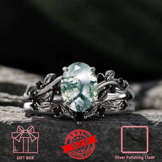 925 Sterling Silvery 1.5 Carat Black Golden Plated Natural Moss Agate Ring Set Engagement Ring Vintage Cluster Oval Shape Leaf Wedding Ring Set for Women Anniversary Ring Size 5-12