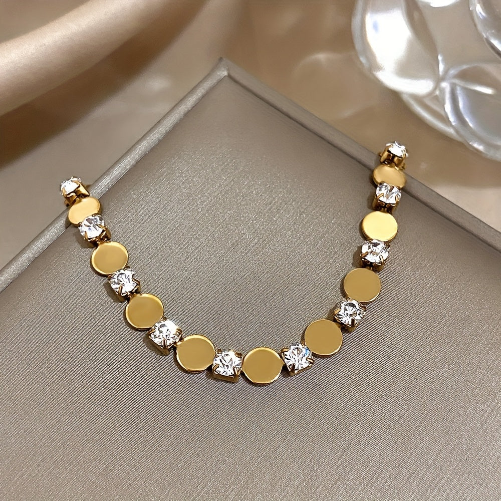 Stainless Steel Cubic Bracelet - Minimalist Chain Link Jewelry with Round Inlay, Durable Base Metal Wristwatch for Daily Wear & Parties, Elegant Christmas Gift & Year-Round Accessory