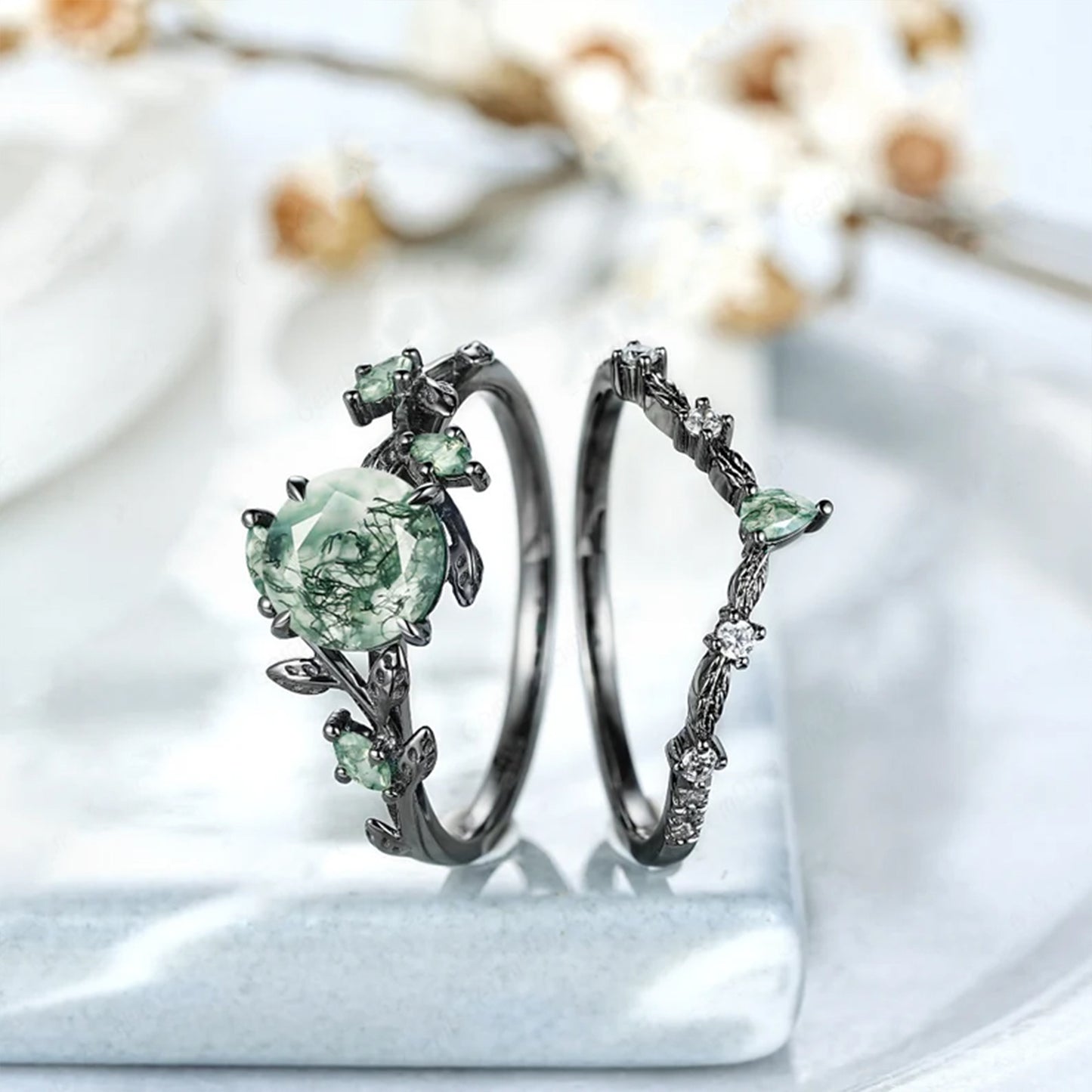 925 Sterling Silvery 1.5CT Round Cut Natural Moss Agate Engagement Ring Set Black Golden Plated Inspired Leaf Wedding Ring Set for Women Size 5-9.5