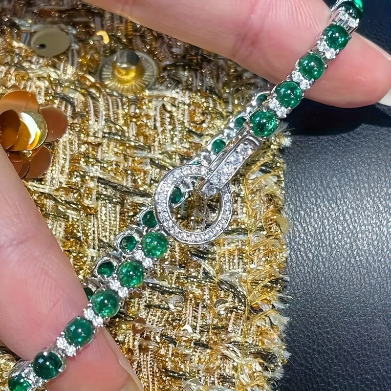 1pc Elegant 925 Sterling Silvery Bracelet with Fashion TO Ring Clasp, Non-Tarnish, Faux Gemstone Embellished, Suitable for Adults 15+, Green Faux Gemstone Accents