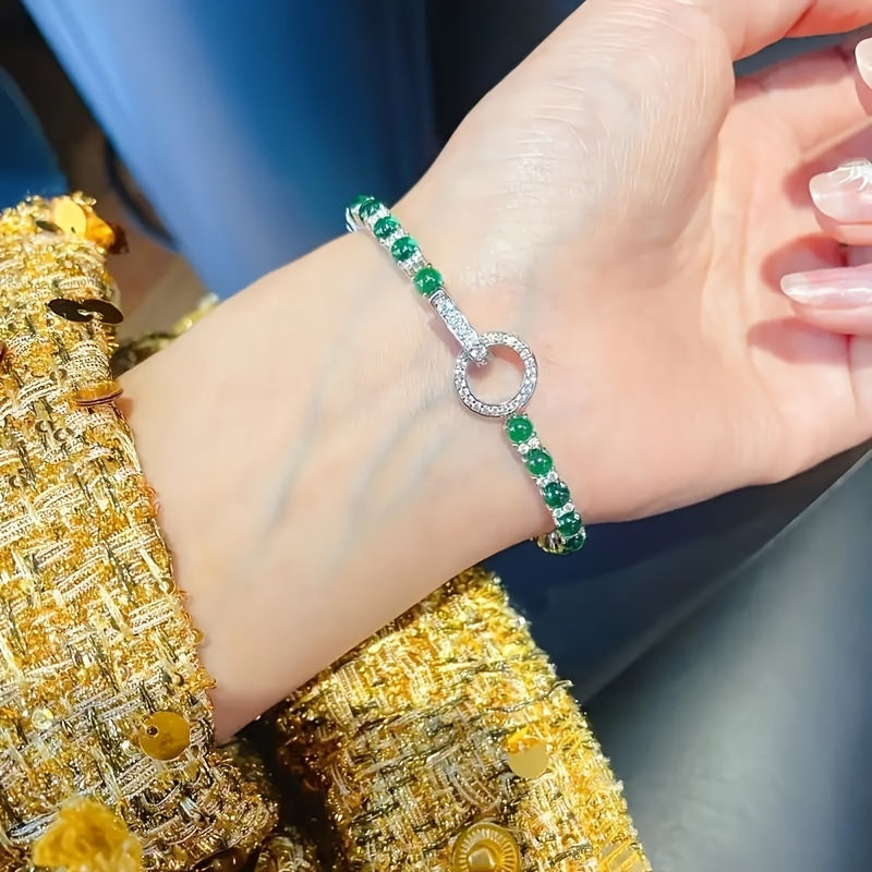 1pc Elegant 925 Sterling Silvery Bracelet with Fashion TO Ring Clasp, Non-Tarnish, Faux Gemstone Embellished, Suitable for Adults 15+, Green Faux Gemstone Accents