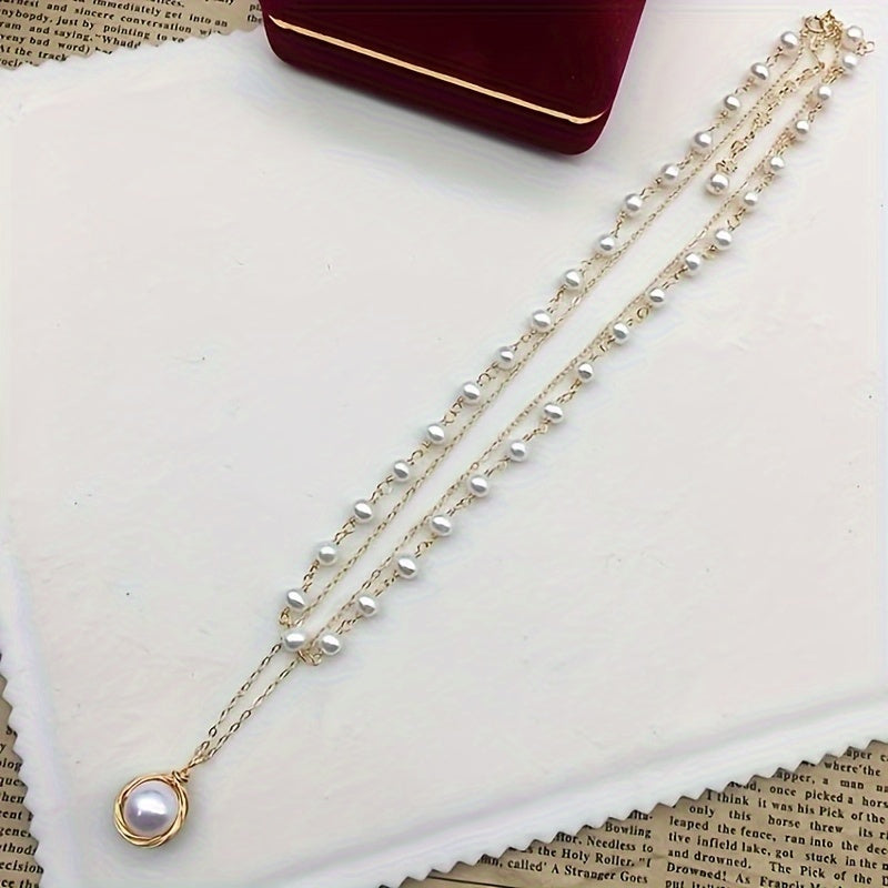 French-Inspired Double Layer Freshwater Pearl Collar Necklace, Fashion Theme, Suitable for Ages 15+, 14K Plated, Elegant No Mosaic Pendant Design