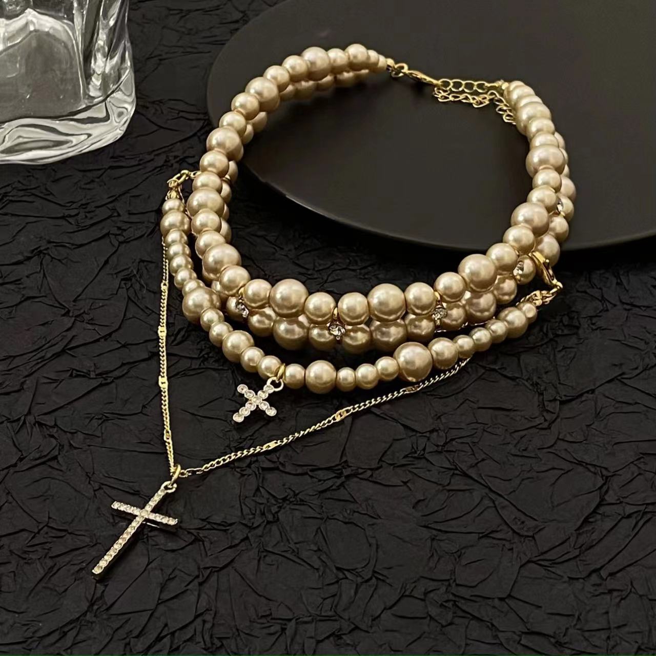 Multi-layered Pearl Cross Pendant Light Luxury Sweater Chain Personalized Fashion Necklace