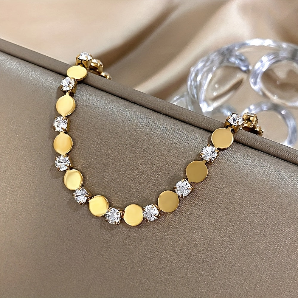 Stainless Steel Cubic Bracelet - Minimalist Chain Link Jewelry with Round Inlay, Durable Base Metal Wristwatch for Daily Wear & Parties, Elegant Christmas Gift & Year-Round Accessory