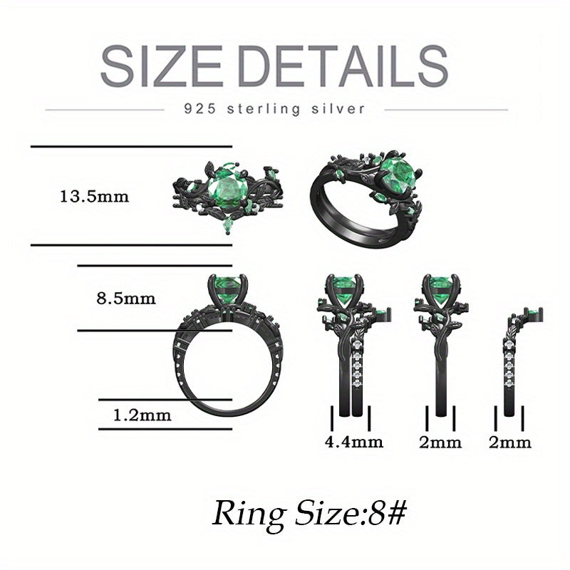 925 Sterling Silvery 1.5CT Round Cut Natural Moss Agate Engagement Ring Set Black Golden Plated Inspired Leaf Wedding Ring Set for Women Size 5-9.5