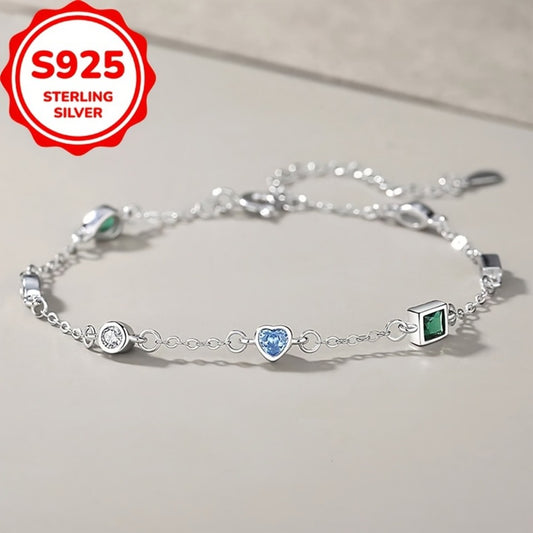 S925 Sterling Silver Mini Heart-Shaped Bracelet, Multifunctional Square And Teardrop Design, Women'S Exquisite Handmade Jewelry Gift, Suitable for Holiday Giving And Wearing on Vacation, Vacation Accessory, Gift for Her, Elegant Design