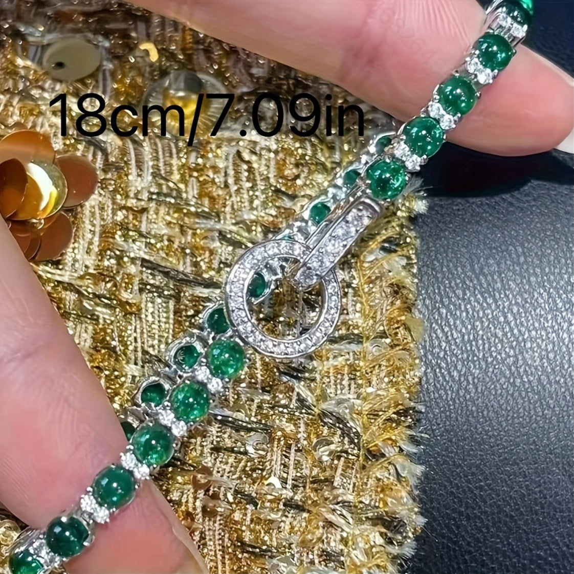 1pc Elegant 925 Sterling Silvery Bracelet with Fashion TO Ring Clasp, Non-Tarnish, Faux Gemstone Embellished, Suitable for Adults 15+, Green Faux Gemstone Accents