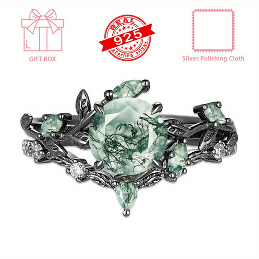 925 Sterling Silvery 1.5CT Round Cut Natural Moss Agate Engagement Ring Set Black Golden Plated Inspired Leaf Wedding Ring Set for Women Size 5-9.5