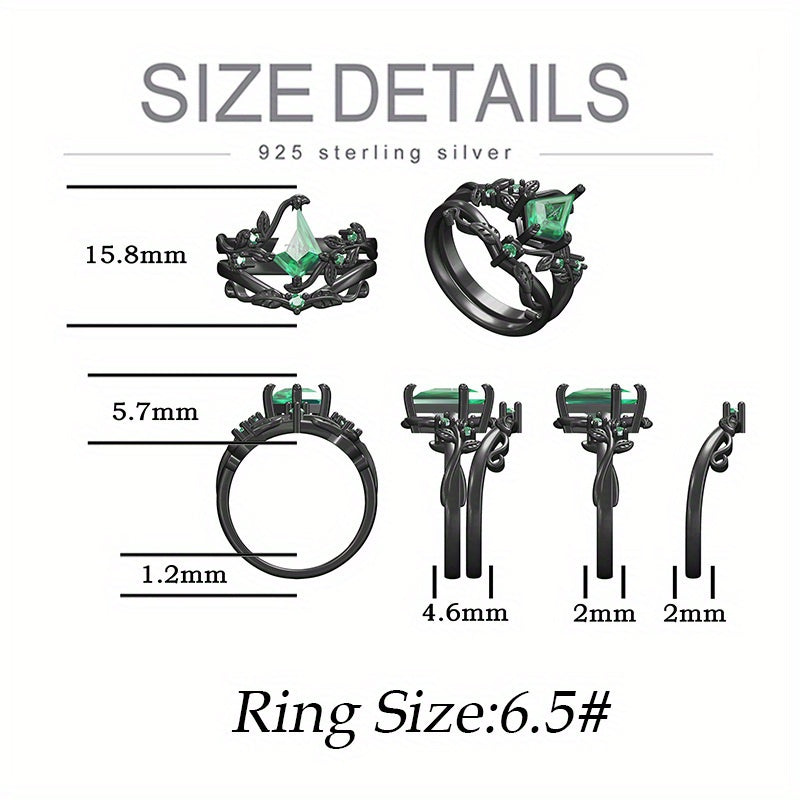 925 Sterling Silvery 1.5CT Round Cut Natural Moss Agate Engagement Ring Set Black Golden Plated Inspired Leaf Wedding Ring Set for Women Size 5-9.5