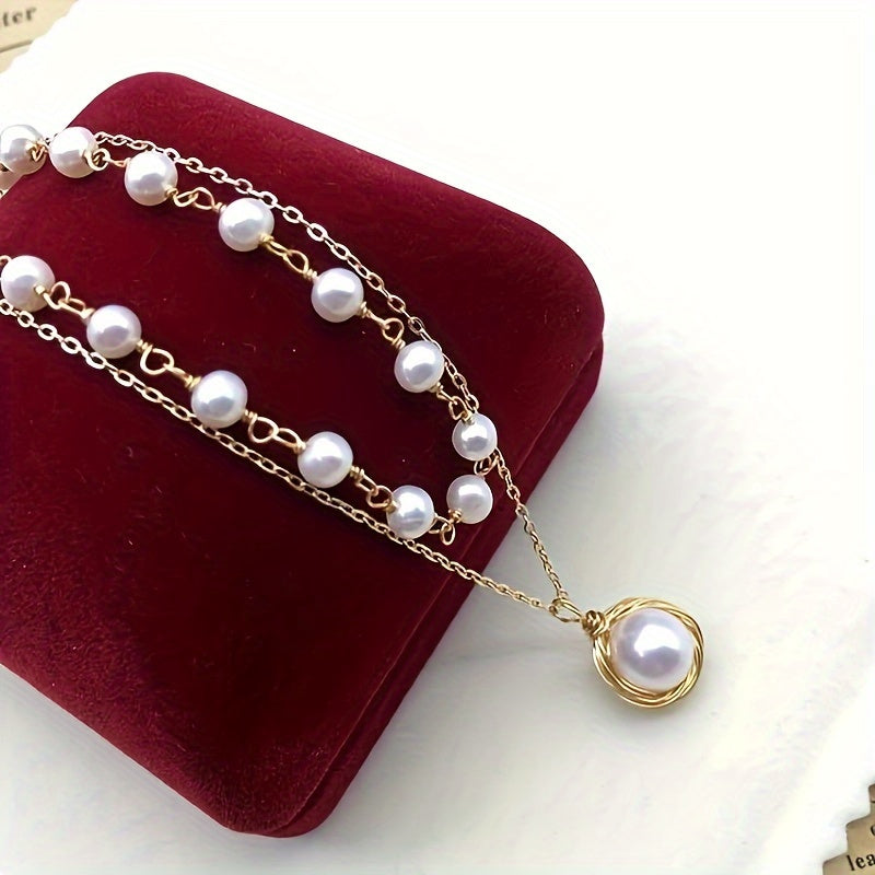 French-Inspired Double Layer Freshwater Pearl Collar Necklace, Fashion Theme, Suitable for Ages 15+, 14K Plated, Elegant No Mosaic Pendant Design